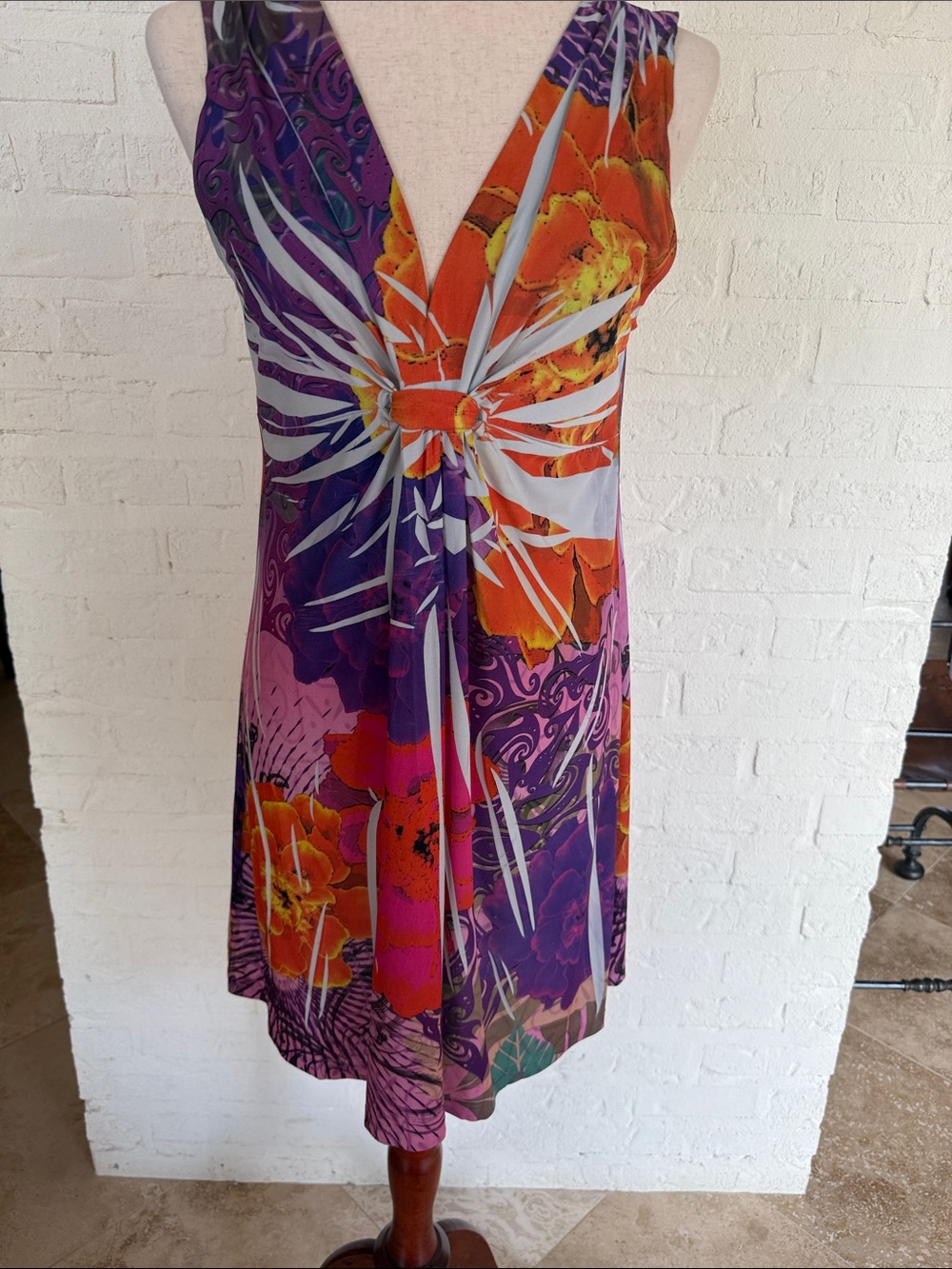 Tropical Floral V-Neck Knot Dress - Purple & Orange